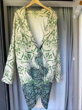 RARE Anthropologie Ivory and Green Patterned Wool Coat